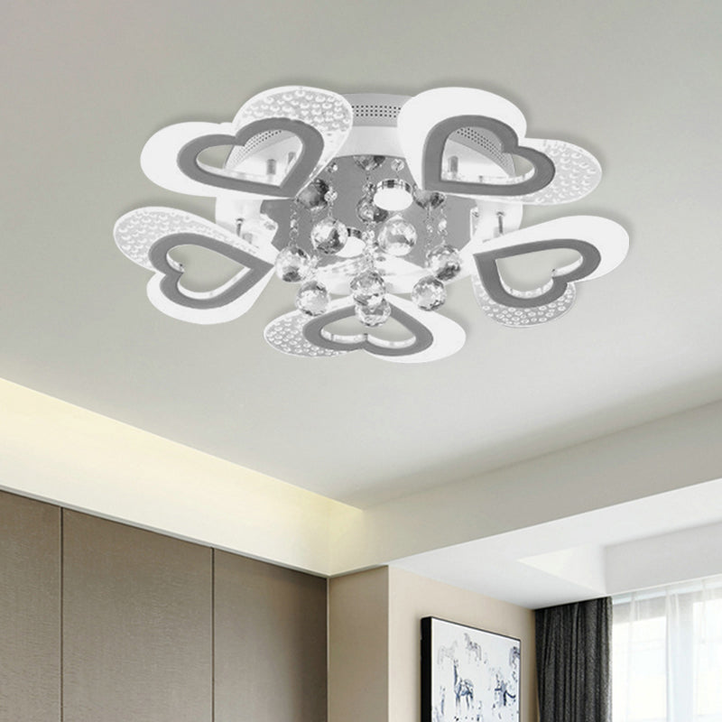 Modern Loving Heart Flush Ceiling Light Acrylic LED Bedroom Semi Flush Lamp Fixture in White with Crystal Ball Decor
