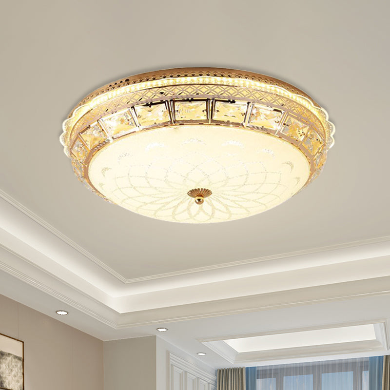 LED Schlafzimmer-Kristall Deckenbefestigung Moderne Gold Flush Beleuchtung mit Kuppel weißer Glas Schatten