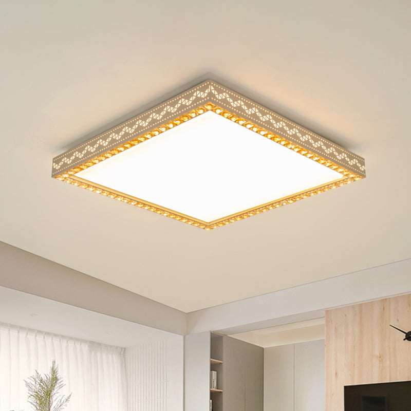 Squared Ceiling Flush Mount Minimalism Metallic LED White Flush Lamp Fixture with Crystal Block Deco