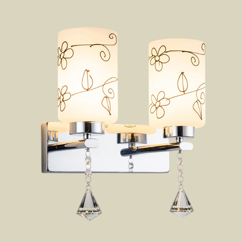 Lampe applique du cylindre en verre blanc moderne 2 ampoules Éclairage mural en chrome avec motif de fleur