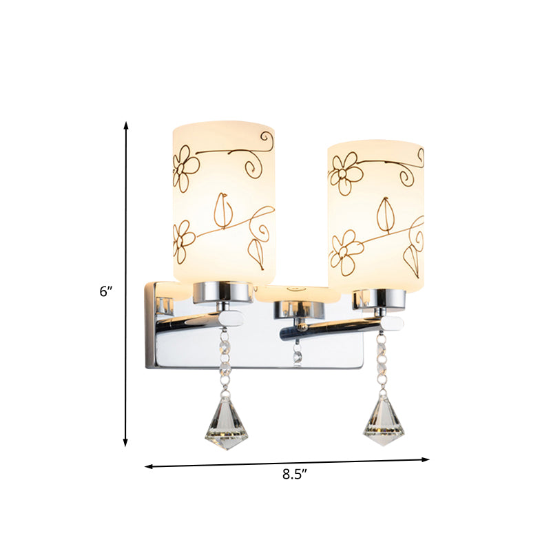 Lampe applique du cylindre en verre blanc moderne 2 ampoules Éclairage mural en chrome avec motif de fleur