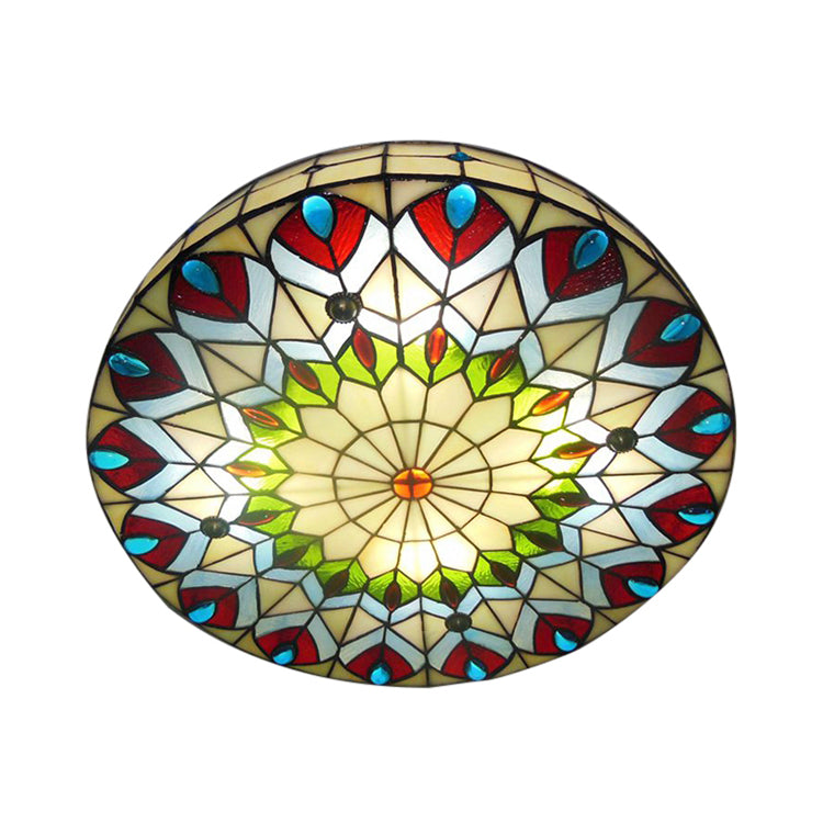 Stained Glass Ceiling Light Fixture Tiffany Style 3-Light Drum Flush Mount Light Fixture with Peacock and Jewel