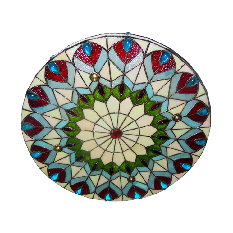 Stained Glass Ceiling Light Fixture Tiffany Style 3-Light Drum Flush Mount Light Fixture with Peacock and Jewel