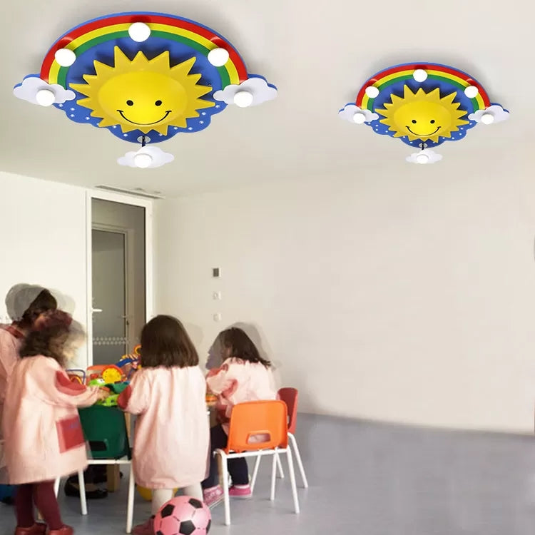 Cartoon Smiling Sun Flush Ceiling Light Wood Ceiling Mount Light in Yellow for Game Room