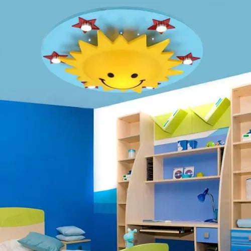 Cartoon Smiling Sun Flush Ceiling Light Wood Ceiling Mount Light in Yellow for Game Room