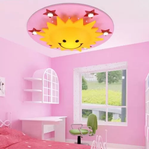 Cartoon Smiling Sun Flush Ceiling Light Wood Ceiling Mount Light in Yellow for Game Room