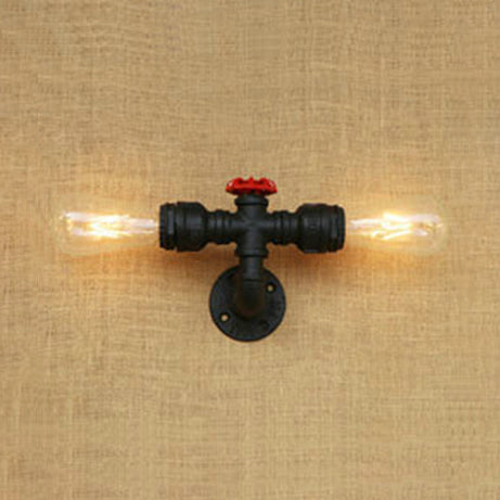 Matte Black 2 Bulbs Wall Mount Light Industrial Style Metallic Water Pipe Wall Lighting for Bedroom