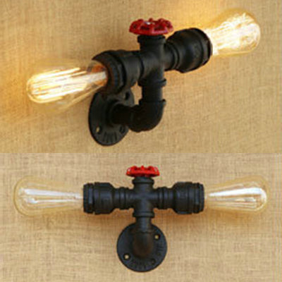 Matte Black 2 Bulbs Wall Mount Light Industrial Style Metallic Water Pipe Wall Lighting for Bedroom