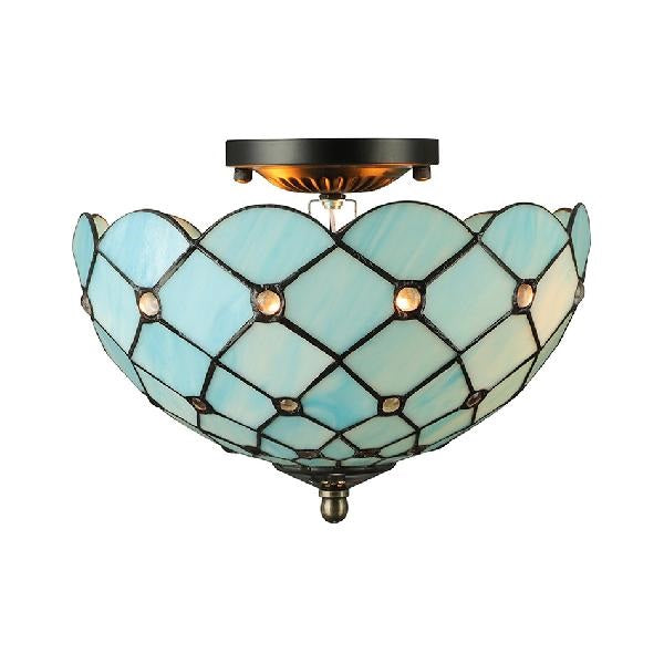Plafonnier bleu pour chambre à coucher, éclairage semi-encastré floral à 2 lumières avec décoration de bijoux, style Tiffany