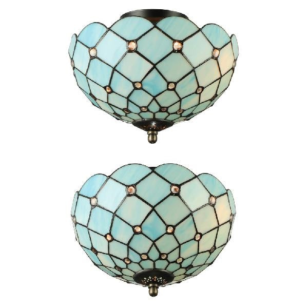 Plafonnier bleu pour chambre à coucher, éclairage semi-encastré floral à 2 lumières avec décoration de bijoux, style Tiffany