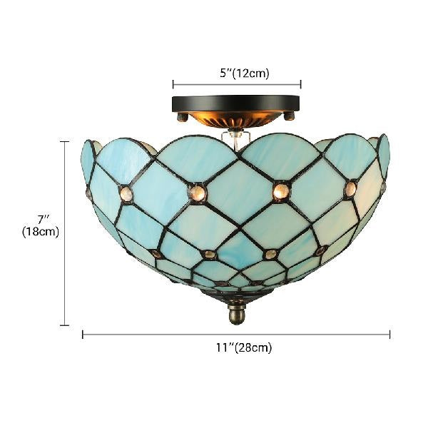 Plafonnier bleu pour chambre à coucher, éclairage semi-encastré floral à 2 lumières avec décoration de bijoux, style Tiffany
