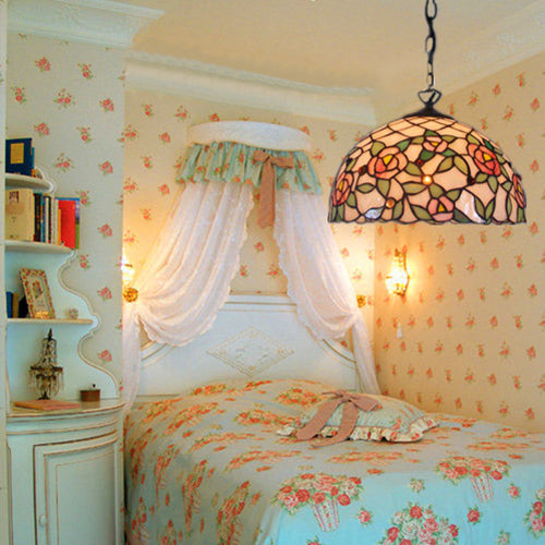 Domed Suspension Lighting 1 Bulb Pink Hand Cut Glass Tiffany-Style Hanging Ceiling Light with Flower Pattern