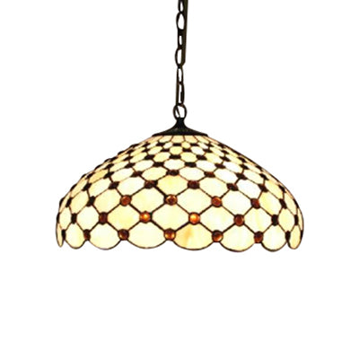 Tiffany Jeweled Down Pendant 2 Lights White Stained Glass Ceiling Suspension Lamp for Dining Room
