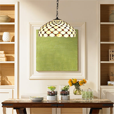 Tiffany Jeweled Down Pendant 2 Lights White Stained Glass Ceiling Suspension Lamp for Dining Room