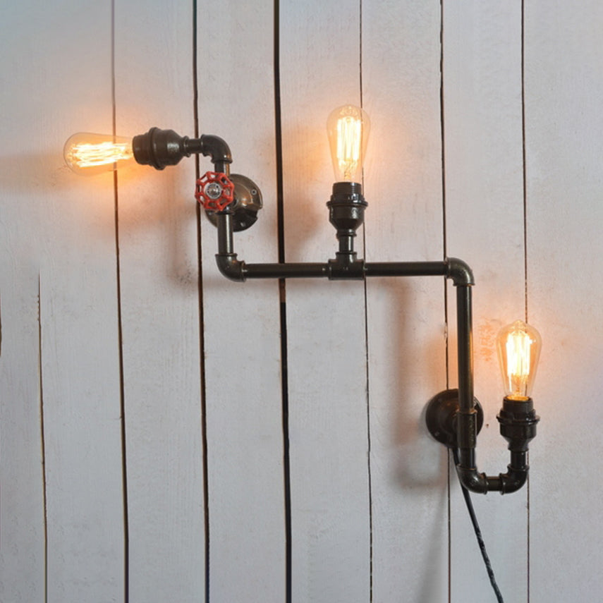 3 Heads Wall Light Sconce with Open Bulb and Pipe Metallic Industrial Style Restaurant Wall Mount Light in Black