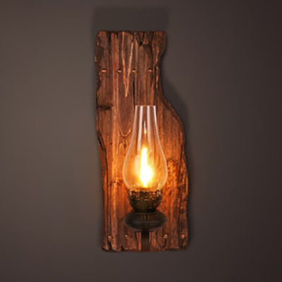 Teardrop Clear Glass Wall Mounted Lamp Industrial Single Bulb Bedroom Sconce Light with Wooden Backplate