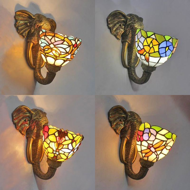 Bowl Sconce Lighting with Elephant Design and Flower/Morning Glory/Dragonfly/Blue Flower Pattern Lodge Style Stained Glass Wall Lamp in Brass