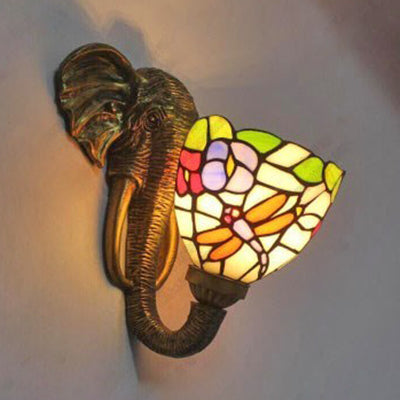 Bowl Sconce Lighting with Elephant Design and Flower/Morning Glory/Dragonfly/Blue Flower Pattern Lodge Style Stained Glass Wall Lamp in Brass