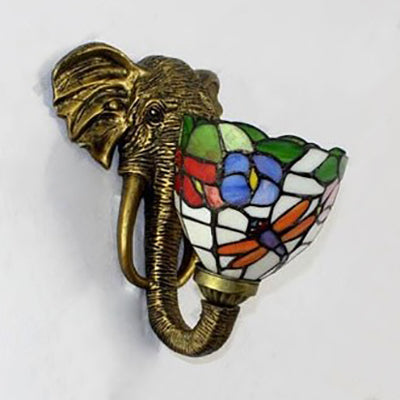 Bowl Sconce Lighting with Elephant Design and Flower/Morning Glory/Dragonfly/Blue Flower Pattern Lodge Style Stained Glass Wall Lamp in Brass