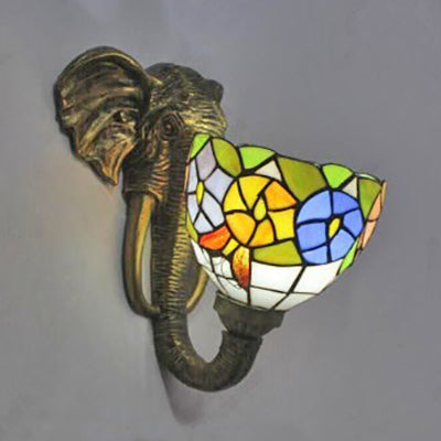 Bowl Sconce Lighting with Elephant Design and Flower/Morning Glory/Dragonfly/Blue Flower Pattern Lodge Style Stained Glass Wall Lamp in Brass