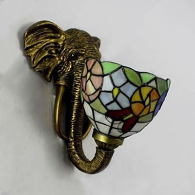 Bowl Sconce Lighting with Elephant Design and Flower/Morning Glory/Dragonfly/Blue Flower Pattern Lodge Style Stained Glass Wall Lamp in Brass