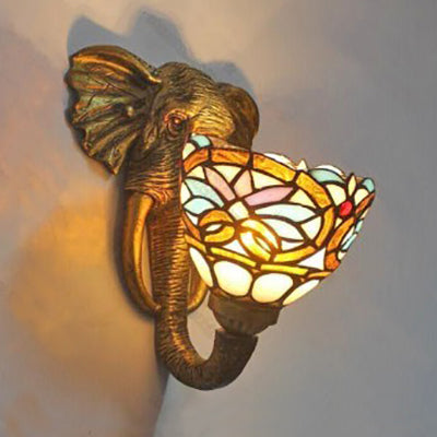 Bowl Sconce Lighting with Elephant Design and Flower/Morning Glory/Dragonfly/Blue Flower Pattern Lodge Style Stained Glass Wall Lamp in Brass