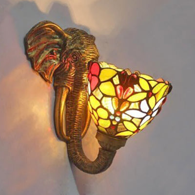 Bowl Sconce Lighting with Elephant Design and Flower/Morning Glory/Dragonfly/Blue Flower Pattern Lodge Style Stained Glass Wall Lamp in Brass