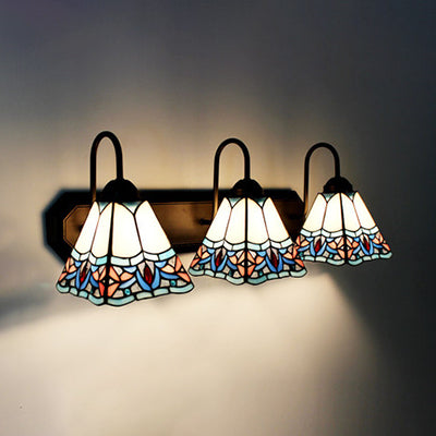 3 Heads Pyramid Vanity Sconce Light Tiffany White Glass Wall Mounted Light for Bathroom