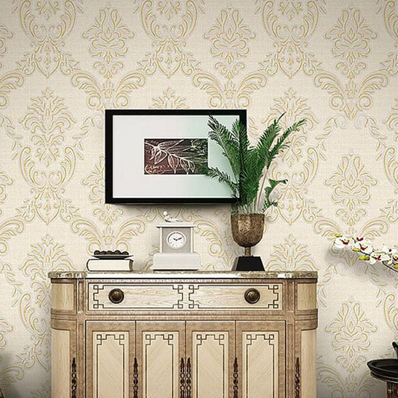 Natural Color Wall Covering 20.5-inch x 33-foot Non-Woven Stain-Resistant 3D Visual Damask Wallpaper Roll