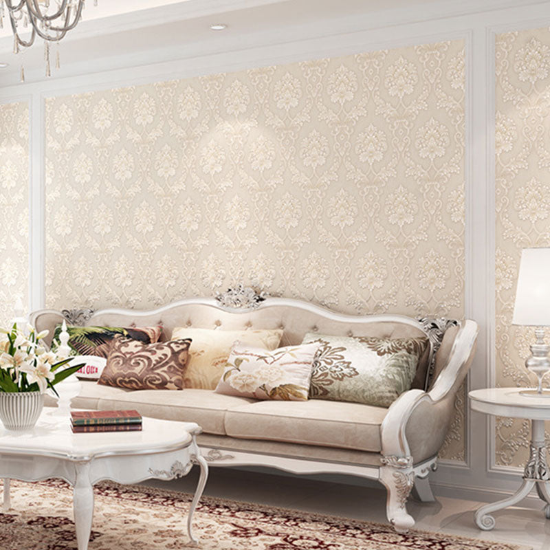 Non-Woven Wallpaper Roll with 3D Visual Damask Design, Neutral Color, 20.5 in x 31 ft