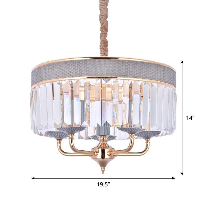 Trommelkronleuchterlampe zeitgenössischer Kristallschatten 5 Köpfe Anhänger Beleuchtung mit Metallarm in Grau
