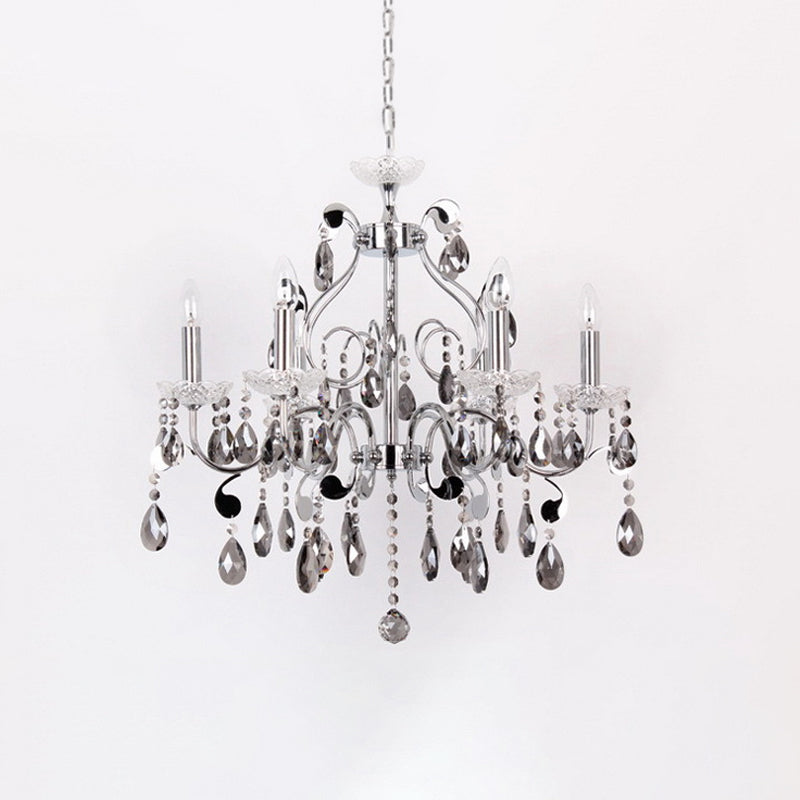 6 Lights Candle-Style Hanging Chandelier with Swirled Arm Smoke Grey Crystal Contemporary Dining Room Suspension Lamp