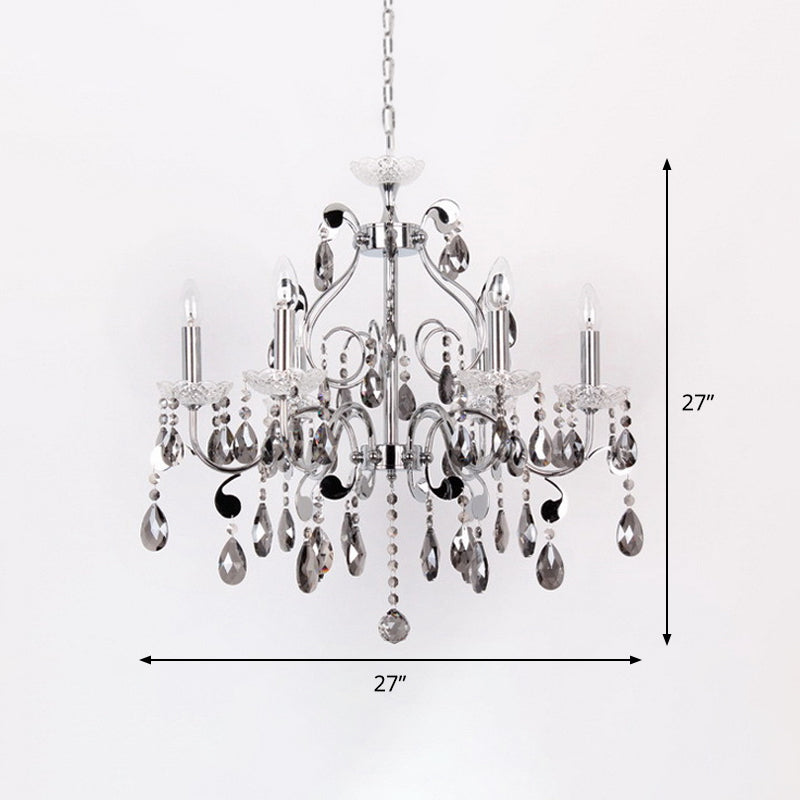 6 Lights Candle-Style Hanging Chandelier with Swirled Arm Smoke Grey Crystal Contemporary Dining Room Suspension Lamp