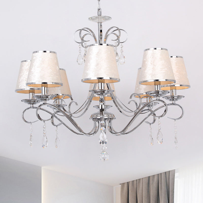 Conical Fabric Shade Pendant Chandelier Modern 8 Heads Bedroom Candle Ceiling Hang Fixture in Beige