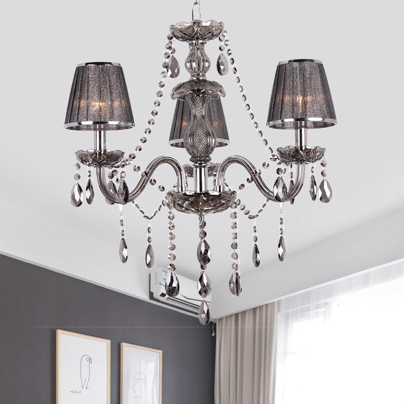 Candelabra Ceiling Chandelier Contemporary 3-Head Crystal Suspension Lighting with Fabric Shade in Grey