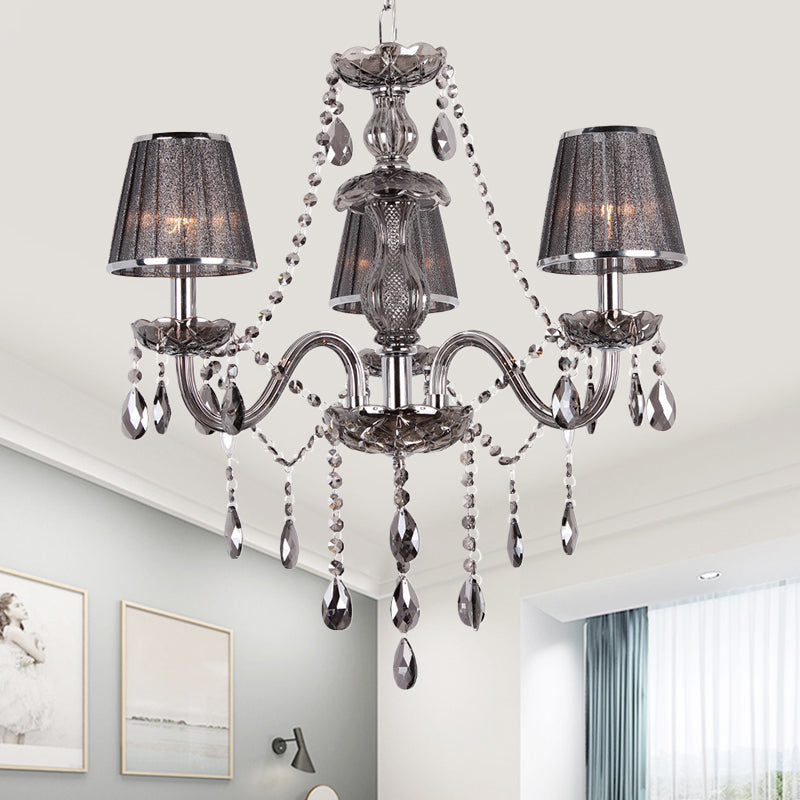 Candelabra Ceiling Chandelier Contemporary 3-Head Crystal Suspension Lighting with Fabric Shade in Grey
