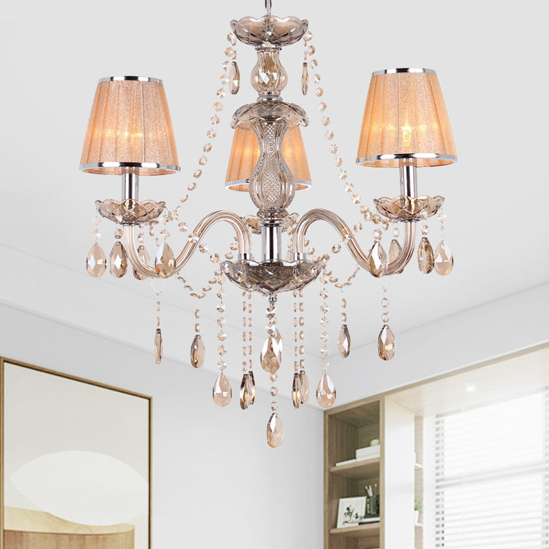 3-Head Ceiling Chandelier Modernism Umber Crystal Droplet Pendant Light Kit with Pleated Fabric Shade in Gold