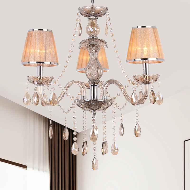 3-Head Ceiling Chandelier Modernism Umber Crystal Droplet Pendant Light Kit with Pleated Fabric Shade in Gold