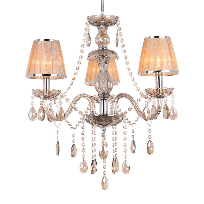 3-Head Ceiling Chandelier Modernism Umber Crystal Droplet Pendant Light Kit with Pleated Fabric Shade in Gold