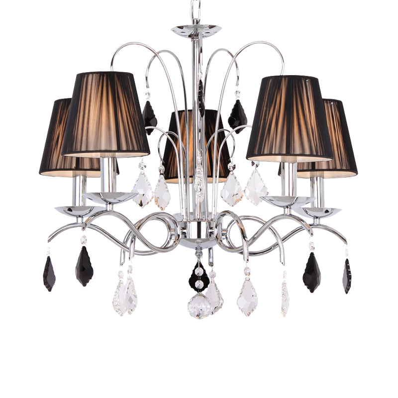 Black 5 Lights Chandelier Light Contemporary Pleated Fabric Barrel Shade Ceiling Light Fixture with Swirled Arm