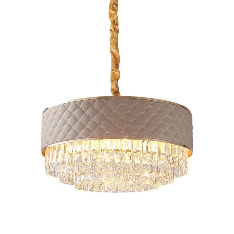 Drum Ceiling Light Post Modern 10-Light Clear Crystal Chandelier Light Fixture with Leatherwear Shade