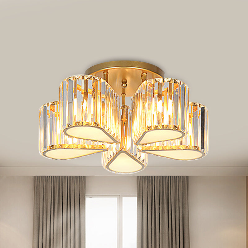 Post Modern Oval/Teardrop Semi Flush Lamp 5-Light Carved Crystal Ceiling Mounted Fixture in Gold