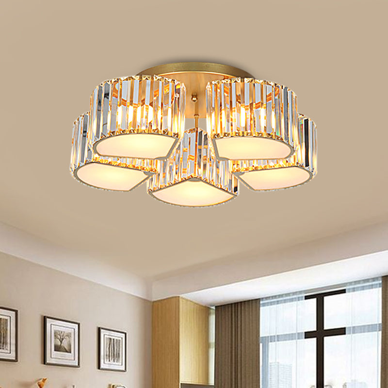 5/7-Head Semi Flush Mount Light with Shell/Square Shade Crystal Modernism Dining Room Ceiling Light Fixture in Gold
