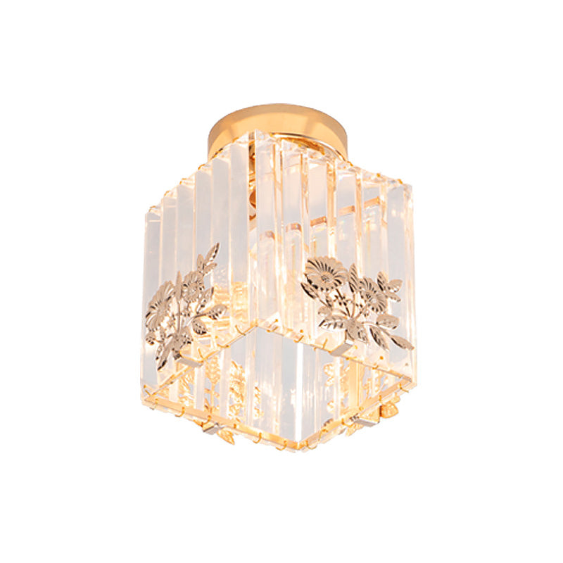 Cube Shape Semi Flush Light Fixture Nordic 1-Bulb Carved Crystal Ceiling Mounted Light in Gold