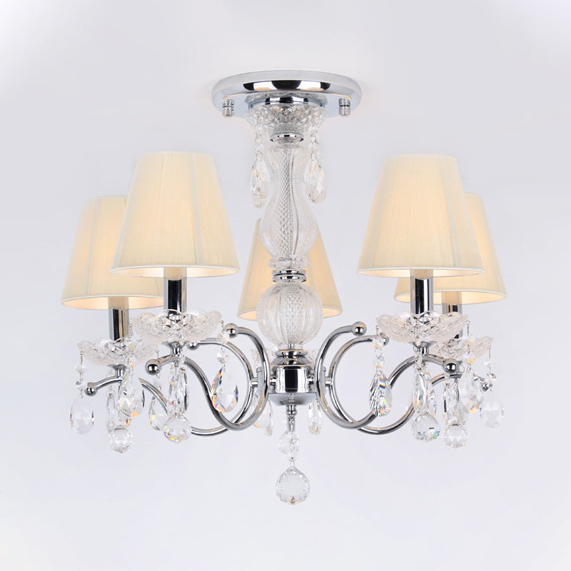 Cone Semi Flush Lamp Modernism 5-Head Crystal Ceiling Light Fixture in Nickle with Fabric Shade and Swirled Arm