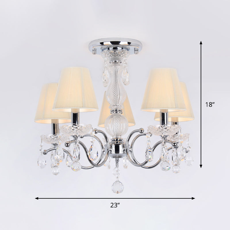 Cone Semi Flush Lamp Modernism 5-Head Crystal Ceiling Light Fixture in Nickle with Fabric Shade and Swirled Arm