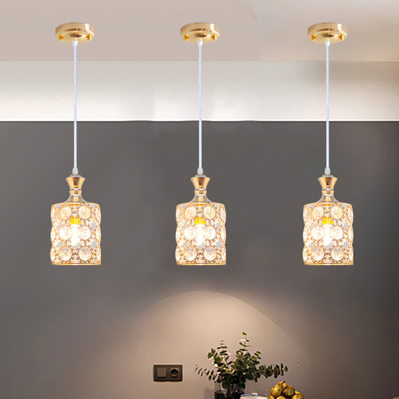 3-Layer Sunflower Pendulum Light with Cylinder Design Modern Crystal Embedded 1 Bulb Restaurant Pendant in Gold