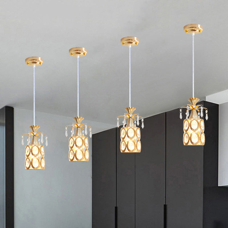 Gold Cylindrical Suspension Light Modernism 1-Light Crystal Embedded Hanging Pendant