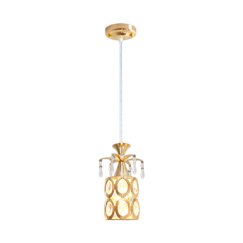 Gold Cylindrical Suspension Light Modernism 1-Light Crystal Embedded Hanging Pendant