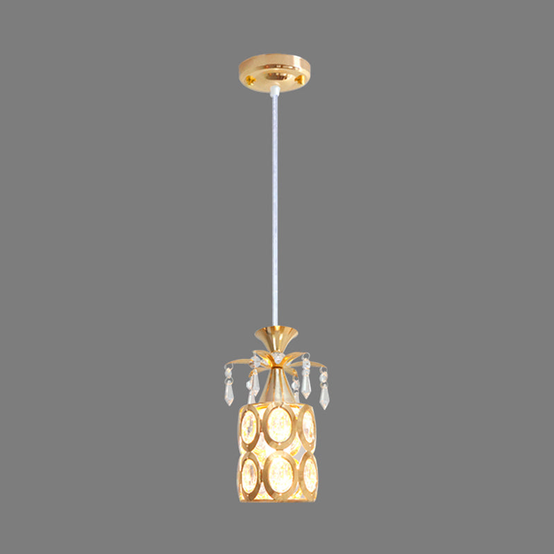 Gold Cylindrical Suspension Light Modernism 1-Light Crystal Embedded Hanging Pendant